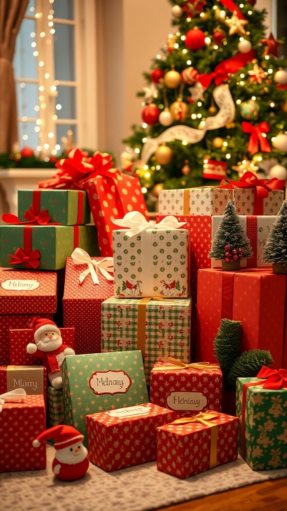 An assortment of Christmas gifts in colorful wrapping, surrounded by holiday decorations and a Christmas tree.